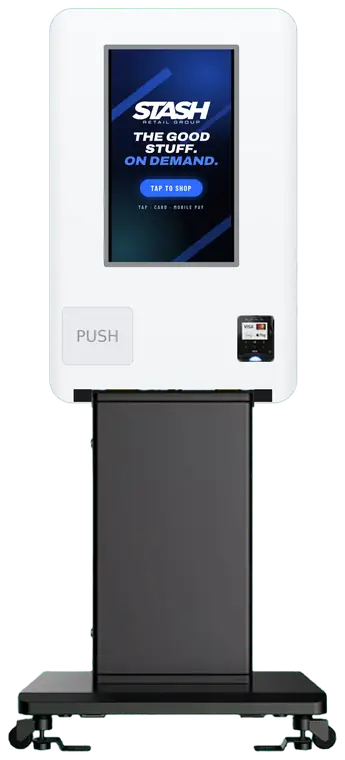 White STASH Kiosk on a black floor stand, with a touchscreen and card reader