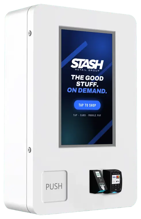 White wall-mounted STASH Kiosk with a touchscreen and card reader