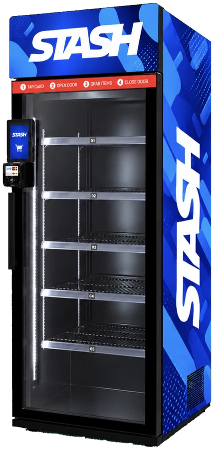 STASH Smart Fridge with a glass door and a card reader