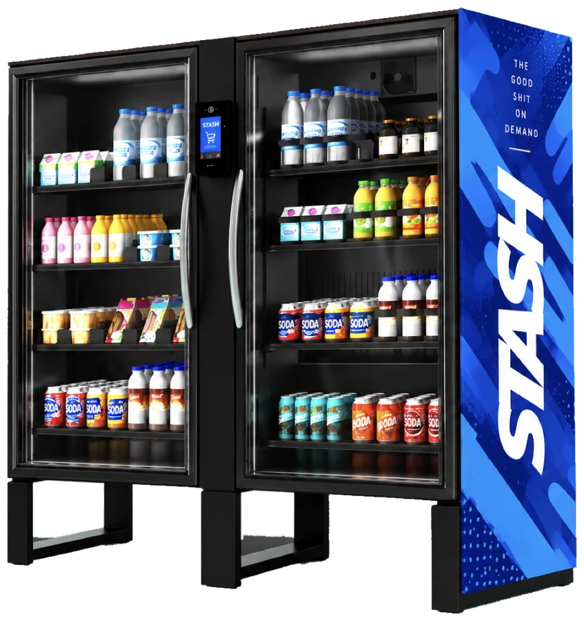 STASH Smart Market with two glass doors and a kiosk checkout