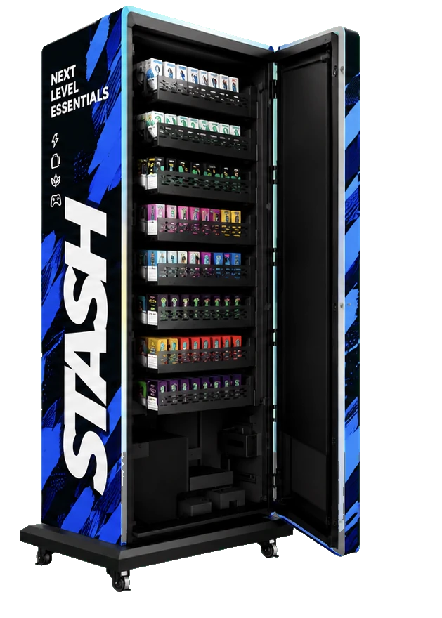 STASH machine with the door open, eight shelves of stocked products