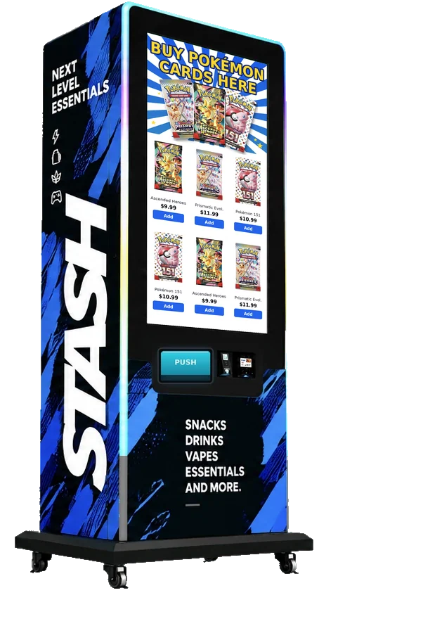 STASH machine with a touchscreen showing Pokémon card packs