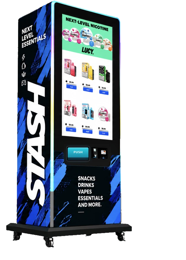 STASH machine with a touchscreen showing vapes and nicotine products